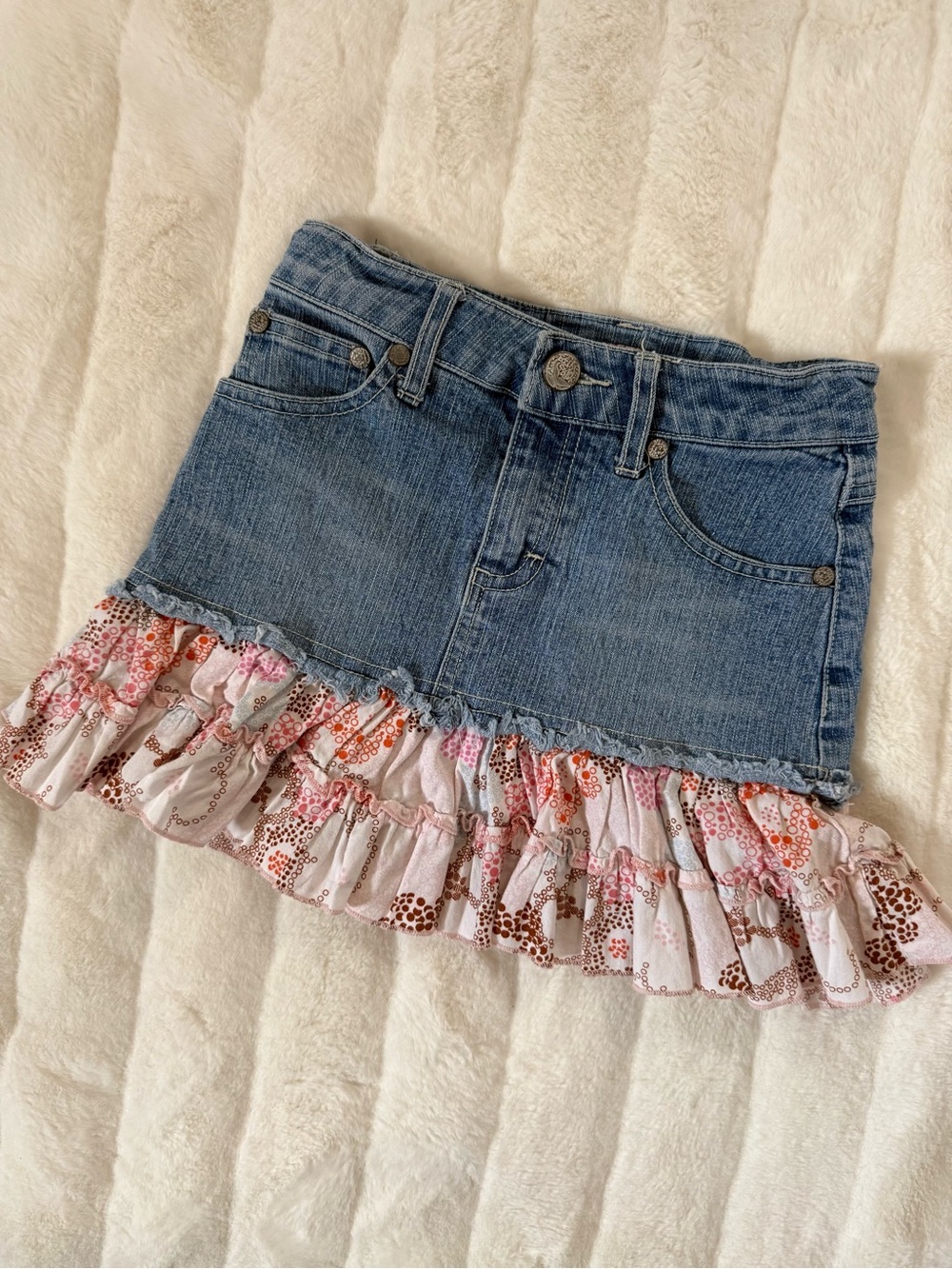 Mudd Girls Blue Denim Skirt with Pink Floral Ruffle